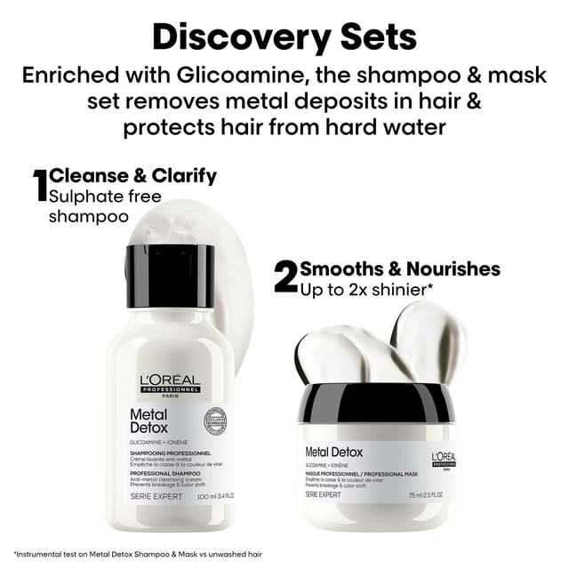 Discover the L'Oréal Professionnel Metal Detox Mini Kit, featuring a 100ml Anti-Breakage Shampoo and a 75ml Anti-Breakage Mask. This essential duo provides effective protection against hair breakage and color fade, making it ideal for travel or as a starter set. Enriched with Glicoamine, it tracks and neutralizes harmful metals within the hair, resulting in up to 87% less hair breakage after just one use and up to 2x more shine. Protect your hair from excess metals that can be absorbed from shower water, and enjoy vibrant, healthy locks with this professional haircare solution.
