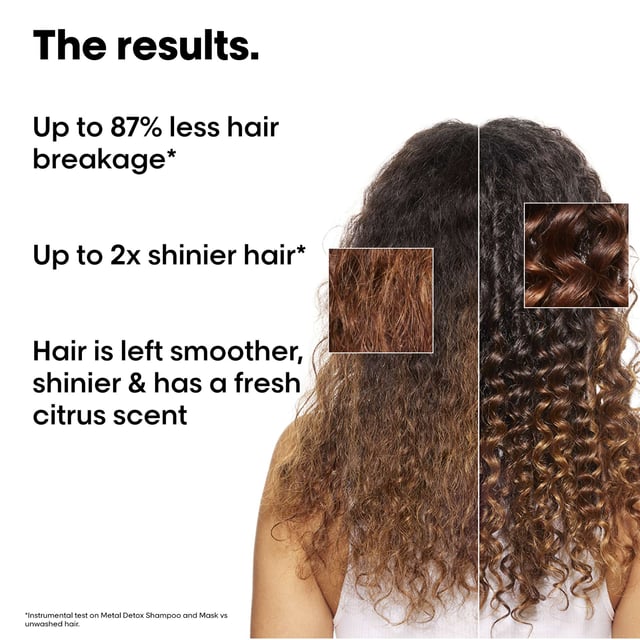 Discover the L'Oréal Professionnel Metal Detox Mini Kit, featuring a 100ml Anti-Breakage Shampoo and a 75ml Anti-Breakage Mask. This essential duo provides effective protection against hair breakage and color fade, making it ideal for travel or as a starter set. Enriched with Glicoamine, it tracks and neutralizes harmful metals within the hair, resulting in up to 87% less hair breakage after just one use and up to 2x more shine. Protect your hair from excess metals that can be absorbed from shower water, and enjoy vibrant, healthy locks with this professional haircare solution.