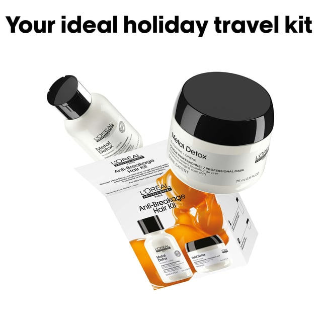 Discover the L'Oréal Professionnel Metal Detox Mini Kit, featuring a 100ml Anti-Breakage Shampoo and a 75ml Anti-Breakage Mask. This essential duo provides effective protection against hair breakage and color fade, making it ideal for travel or as a starter set. Enriched with Glicoamine, it tracks and neutralizes harmful metals within the hair, resulting in up to 87% less hair breakage after just one use and up to 2x more shine. Protect your hair from excess metals that can be absorbed from shower water, and enjoy vibrant, healthy locks with this professional haircare solution.