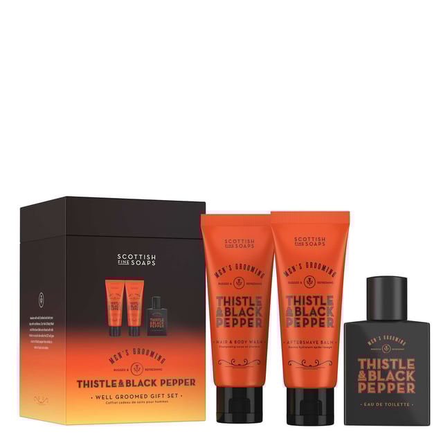 Discover the essence of Scotland with the Scottish Fine Soaps Thistle & Black Pepper Well Groomed Gift Set. This luxurious set includes a 50ml Eau De Toilette, 75ml Aftershave Balm, and a 75ml Hair & Body Wash, each infused with a unique blend of black pepper, citrus, warm amber, and sandalwood. The Hair & Body Wash cleanses while moisturizing, and the Aftershave Balm soothes your skin. Perfect for the modern man who appreciates quality and elegance, this gift set is a delightful treat for any occasion.