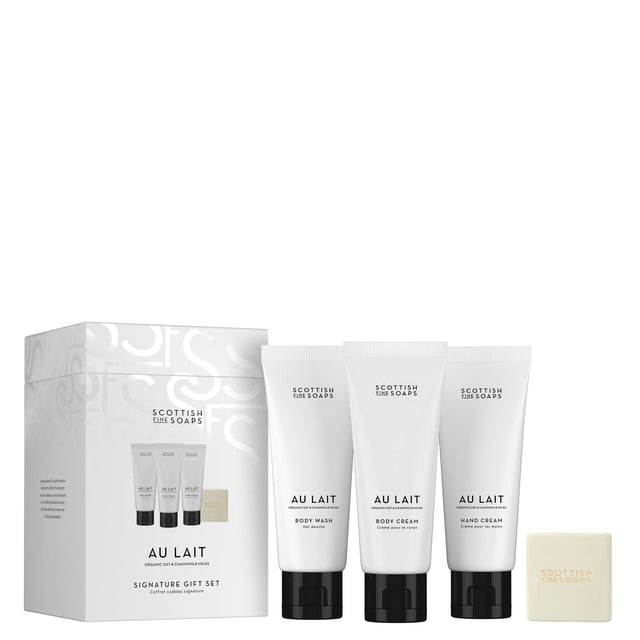 Indulge in the essence of the Scottish countryside with the Scottish Fine Soaps Au Lait Signature Gift Set. This luxurious collection features a creamy Body Wash, rich Body Cream, nourishing Hand Cream, and a gentle Cleansing Bar, all infused with soothing notes of milk, violet, and sandalwood. Each product cleanses, moisturizes, and pampers your skin. Perfect for self-care or gifting, this set includes:
- Au Lait Body Wash (75ml)
- Au Lait Body Cream (75ml)
- Au Lait Hand Cream (75ml)
- Au Lait Cleansing Bar (40g)
Experience hydration and comfort with Scottish oat and chamomile milk.