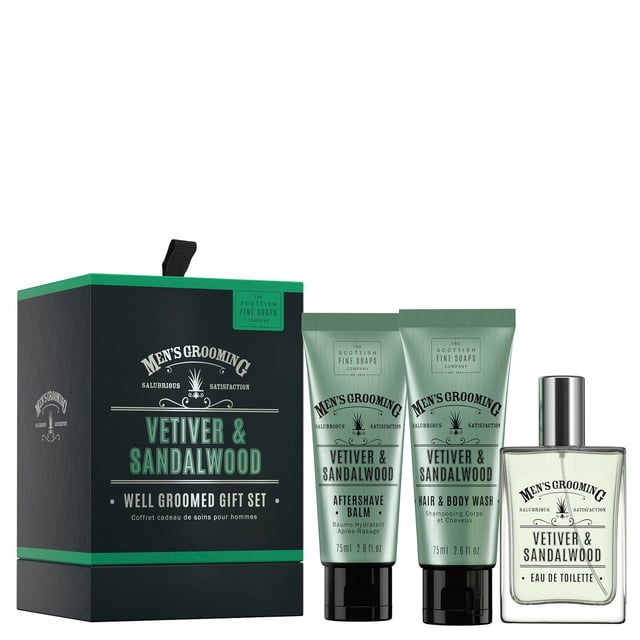 Indulge the man in your life with the Scottish Fine Soaps Men's Grooming Gift Set, featuring the captivating Vetiver & Sandalwood fragrance. This luxurious collection includes a 50ml Eau de Toilette, 75ml Aftershave Balm, and 75ml Hair & Body Wash, enriched with earthy vetiver and sandalwood notes. The Eau de Toilette offers a modern masculine scent with vibrant citrus top notes, while the Hair & Body Wash revitalizes with a sulphate-free formula. Complete the grooming experience with the Aftershave Balm, designed to calm and protect the skin.