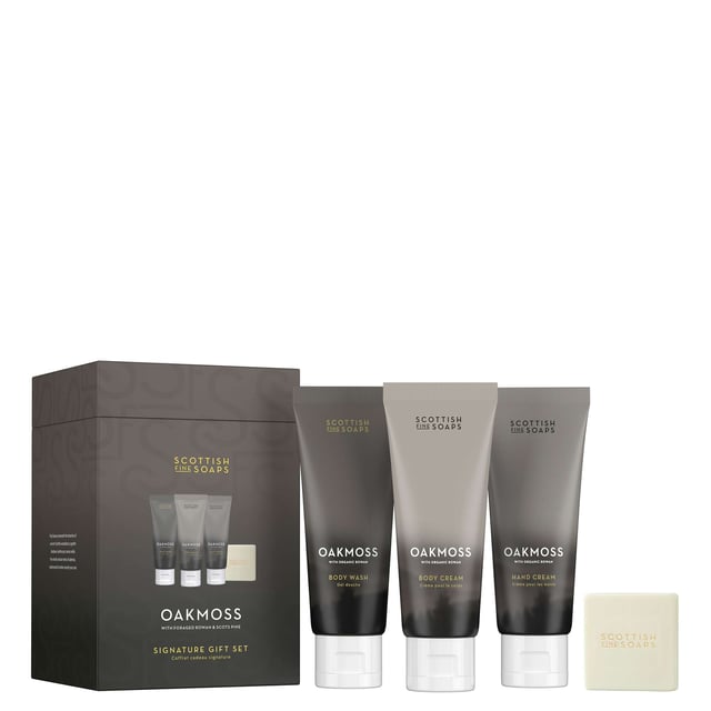 Scottish Fine Soaps Oakmoss Luxury Gift Set - Indulge in Nature's Essence Experience the enchanting aroma of the Scottish woodland with the Oakmoss Signature Gift Set. This luxurious collection includes a natural exfoliating Body Wash, rich Body Cream, deeply moisturizing Hand Cream, and triple-milled Hand & Body Soap, all infused with oakmoss, cedarwood, and amber for a refreshing experience. The Body Wash cleanses and hydrates, while the Body Cream leaves skin soft and fragrant. The Hand Cream, with 10% shea butter, nourishes deeply, and the Hand & Body Soap offers a delightful lather. Perfect for pampering or gifting!