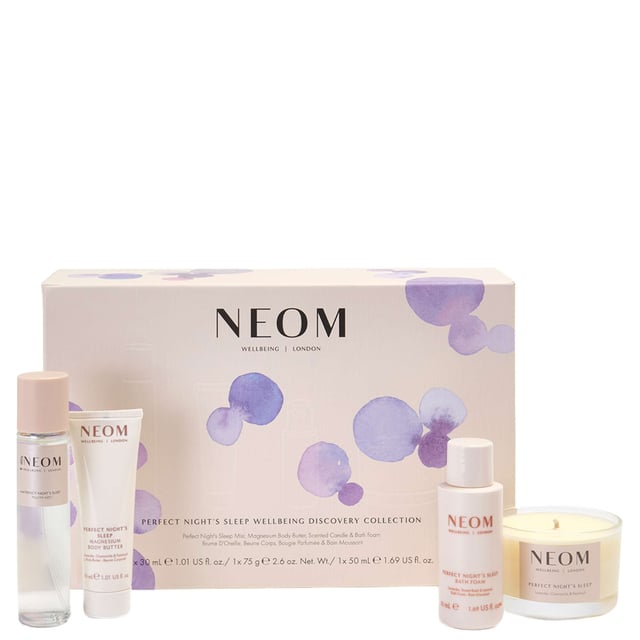 Neom Wellbeing London Scent To Sleep Discovery Collection for Perfect Night's Sleep Experience true relaxation with the Neom Wellbeing London Scent To Sleep Collection. This curated set includes four best-selling products to enhance your nightly routine and promote restful sleep. Enjoy the soothing Perfect Night’s Sleep Mist, Magnesium Body Butter, Bath Foam, and Travel Candle, all infused with natural essential oils like lavender and chamomile. Let the calming aromas create a tranquil atmosphere, helping you unwind and drift into a deep slumber. Ideal for relieving stress and rejuvenating wellbeing, this collection offers peaceful nights and refreshed mornings.