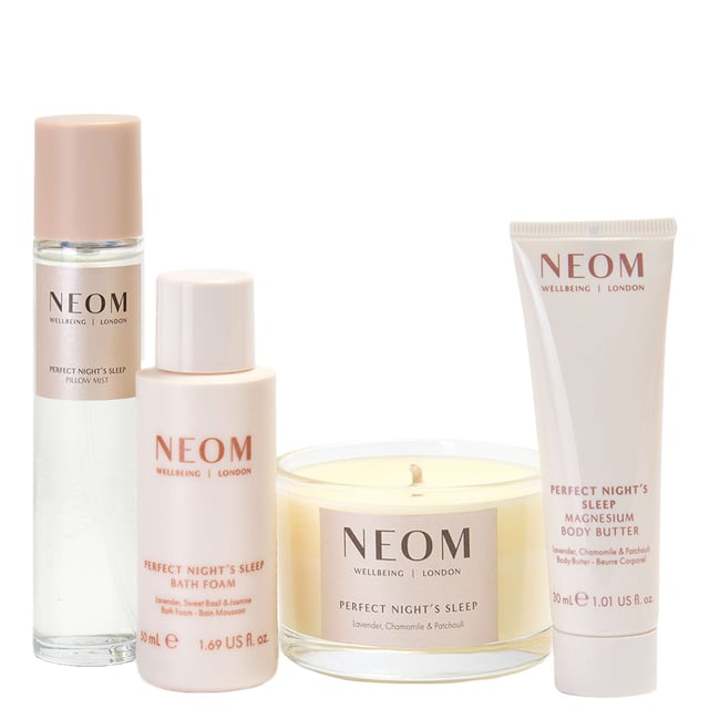 Neom Wellbeing London Scent To Sleep Discovery Collection for Perfect Night's Sleep Experience true relaxation with the Neom Wellbeing London Scent To Sleep Collection. This curated set includes four best-selling products to enhance your nightly routine and promote restful sleep. Enjoy the soothing Perfect Night’s Sleep Mist, Magnesium Body Butter, Bath Foam, and Travel Candle, all infused with natural essential oils like lavender and chamomile. Let the calming aromas create a tranquil atmosphere, helping you unwind and drift into a deep slumber. Ideal for relieving stress and rejuvenating wellbeing, this collection offers peaceful nights and refreshed mornings.
