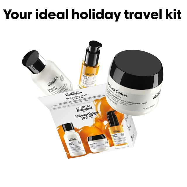 Discover the L'Oréal Professionnel Metal Detox Anti-Breakage Mini Trio Kit, featuring a 100ml Shampoo, 75ml Mask, and 30ml Oil designed to combat hair breakage and color fade. This kit is infused with Glicoamine, which effectively neutralizes excess metals in your hair. Experience up to 97% less hair breakage and achieve hair that is up to 2x shinier. Enjoy long-lasting smoothness with anti-humidity benefits. Protect your hair from metal absorption with this professional haircare solution. Set includes: 100ml Shampoo, 75ml Mask, and 30ml Oil.