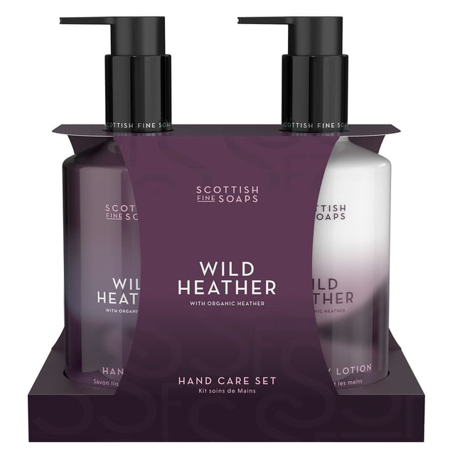 Experience the essence of the Scottish Highlands with the Scottish Fine Soaps Wild Heather Hand Care Gift Set. This luxurious set includes a 300ml Hand Wash and a 300ml Hand & Body Lotion, both infused with the enchanting fragrance of wild Scottish heather. The Hand Wash provides a refreshing cleanse, while the Hand & Body Lotion leaves your skin soft and nourished. Treat yourself or gift this exquisite set for a touch of Scottish elegance in your daily routine.