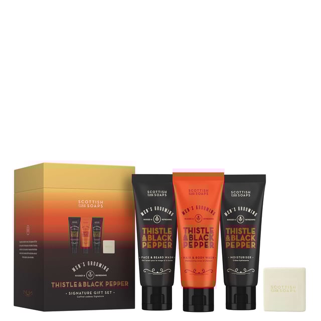 Experience the essence of Scotland with the Scottish Fine Soaps Thistle & Black Pepper Signature Gift Set. This luxurious set includes a Face & Beard Wash, Hair & Body Wash, Moisturiser, and Body Bar, all infused with the nourishing properties of milk thistle. Delight in the rich fragrance that combines amber, citrus, and herbs, providing a refreshing grooming experience. Perfect for the modern man, this set cleanses, hydrates, and softens the skin and facial hair. Treat yourself or gift it to someone special.