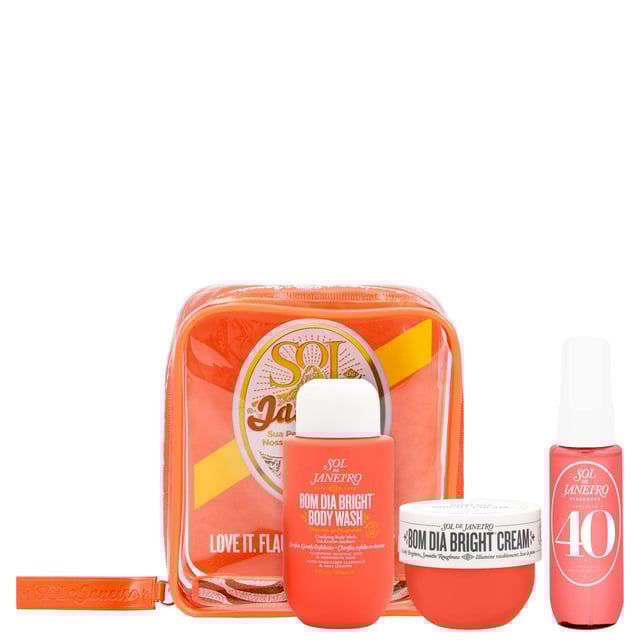 Discover the ultimate body care experience with the Sol de Janeiro Bom Dia Bright Body Care Jet Set. This luxurious set includes:

- **Bom Dia Bright Clarifying AHA BHA Body Wash (90ml)**: Gently clarifies and exfoliates your skin with fruit-derived AHAs and Salicylic Acid, leaving it feeling clean, soft, and rejuvenated. The sulfate-free formula helps prevent ingrown hairs and bumps for smooth skin.

- **Bom Dia Bright Body Cream (50ml)**: Enriched with Fruit AHAs, this moisturizing body cream smooths and refines skin texture, providing a radiant glow while delivering intense hydration.

- **Cheirosa 40 Perfume Mist (30ml)**: Experience the essence of Rio with this captivating fragrance featuring Black Amber Plum, Jasmine Blooms, and warm Vanilla Woods. Each spritz evokes the vibrant allure of Carnaval.

Elevate your daily self-care routine and indulge in the joy of beautifully nourished skin.