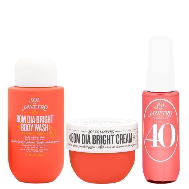 Discover the ultimate body care experience with the Sol de Janeiro Bom Dia Bright Body Care Jet Set. This luxurious set includes:

- **Bom Dia Bright Clarifying AHA BHA Body Wash (90ml)**: Gently clarifies and exfoliates your skin with fruit-derived AHAs and Salicylic Acid, leaving it feeling clean, soft, and rejuvenated. The sulfate-free formula helps prevent ingrown hairs and bumps for smooth skin.

- **Bom Dia Bright Body Cream (50ml)**: Enriched with Fruit AHAs, this moisturizing body cream smooths and refines skin texture, providing a radiant glow while delivering intense hydration.

- **Cheirosa 40 Perfume Mist (30ml)**: Experience the essence of Rio with this captivating fragrance featuring Black Amber Plum, Jasmine Blooms, and warm Vanilla Woods. Each spritz evokes the vibrant allure of Carnaval.

Elevate your daily self-care routine and indulge in the joy of beautifully nourished skin.