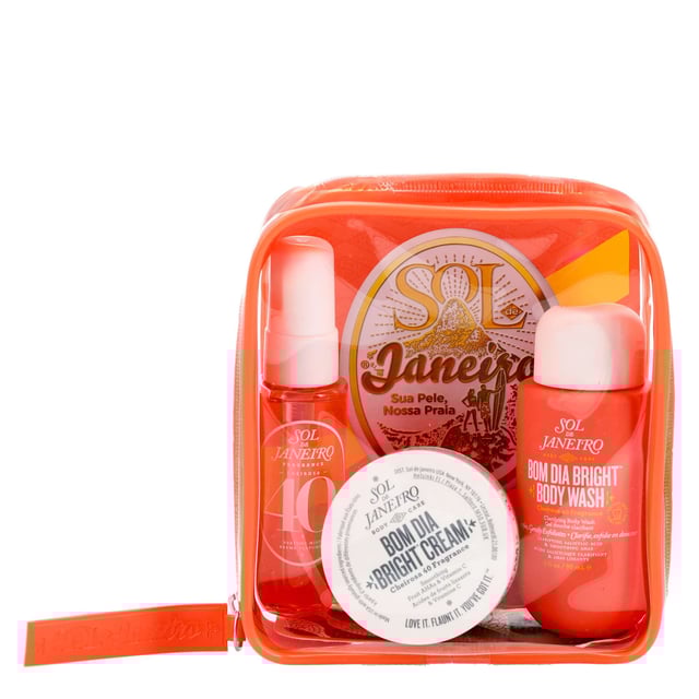 Discover the ultimate body care experience with the Sol de Janeiro Bom Dia Bright Body Care Jet Set. This luxurious set includes:

- **Bom Dia Bright Clarifying AHA BHA Body Wash (90ml)**: Gently clarifies and exfoliates your skin with fruit-derived AHAs and Salicylic Acid, leaving it feeling clean, soft, and rejuvenated. The sulfate-free formula helps prevent ingrown hairs and bumps for smooth skin.

- **Bom Dia Bright Body Cream (50ml)**: Enriched with Fruit AHAs, this moisturizing body cream smooths and refines skin texture, providing a radiant glow while delivering intense hydration.

- **Cheirosa 40 Perfume Mist (30ml)**: Experience the essence of Rio with this captivating fragrance featuring Black Amber Plum, Jasmine Blooms, and warm Vanilla Woods. Each spritz evokes the vibrant allure of Carnaval.

Elevate your daily self-care routine and indulge in the joy of beautifully nourished skin.