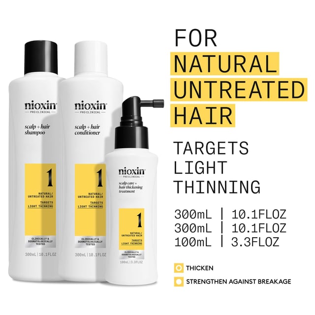 Transform your hair with the Nioxin Pro Clinical System 1 Kit, designed for natural, untreated hair with light thinning. This clinically tested kit includes a 300ml Scalp + Hair Shampoo, a 300ml Scalp + Hair Conditioner, and a 100ml Scalp Care + Hair Thickening Treatment. Experience thicker hair in just 30 days, with 8 out of 10 users reporting visible results. The formula gently cleanses, removes impurities, and minimizes breakage, while botanicals and antioxidants nourish your scalp. Follow our application steps for best results and enjoy beautifully thickened hair.