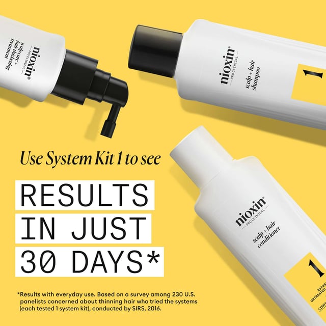 Transform your hair with the Nioxin Pro Clinical System 1 Kit, designed for natural, untreated hair with light thinning. This clinically tested kit includes a 300ml Scalp + Hair Shampoo, a 300ml Scalp + Hair Conditioner, and a 100ml Scalp Care + Hair Thickening Treatment. Experience thicker hair in just 30 days, with 8 out of 10 users reporting visible results. The formula gently cleanses, removes impurities, and minimizes breakage, while botanicals and antioxidants nourish your scalp. Follow our application steps for best results and enjoy beautifully thickened hair.