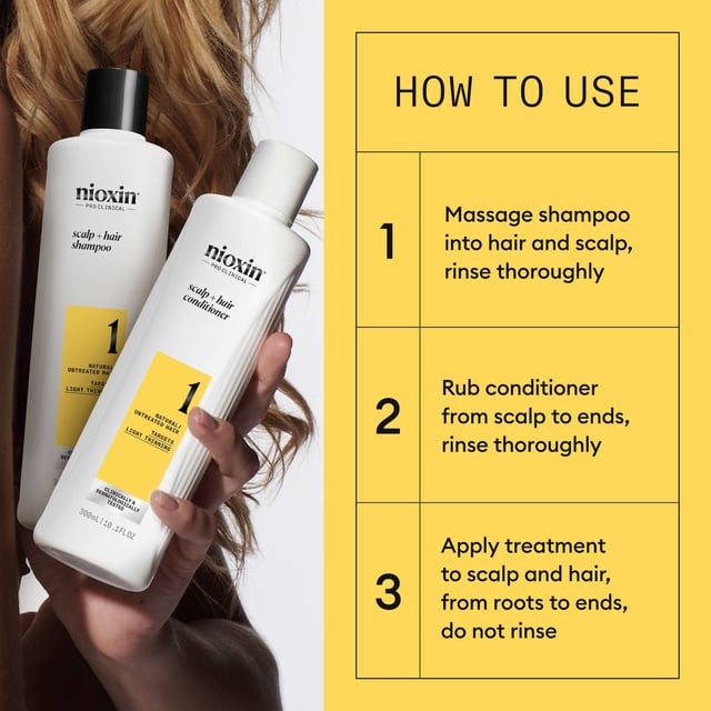 Transform your hair with the Nioxin Pro Clinical System 1 Kit, designed for natural, untreated hair with light thinning. This clinically tested kit includes a 300ml Scalp + Hair Shampoo, a 300ml Scalp + Hair Conditioner, and a 100ml Scalp Care + Hair Thickening Treatment. Experience thicker hair in just 30 days, with 8 out of 10 users reporting visible results. The formula gently cleanses, removes impurities, and minimizes breakage, while botanicals and antioxidants nourish your scalp. Follow our application steps for best results and enjoy beautifully thickened hair.