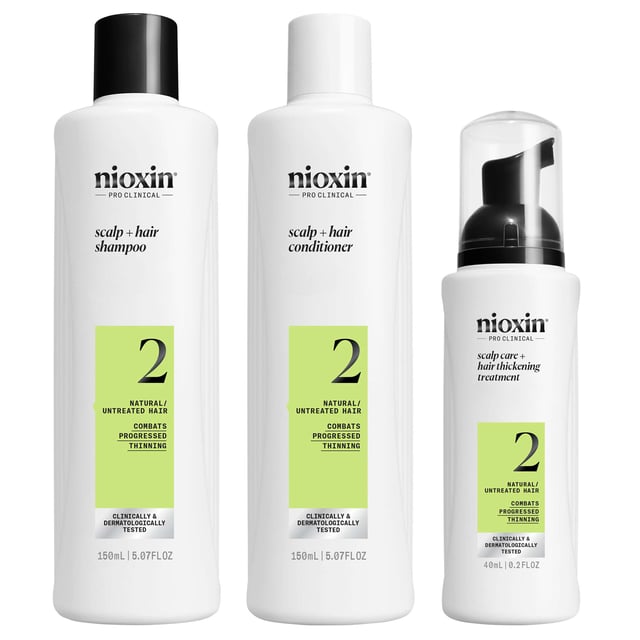 Nioxin Pro Clinical System 2 Trial Kit for Thinning Natural Hair - Complete Hair Care Set Transform your hair with the Nioxin Pro Clinical System 2 Trial Kit, formulated for natural hair experiencing thinning. This kit enhances hair density and thickness, providing visible results in 30 days. It includes:
- Nioxin Pro Clinical Scalp + Hair Shampoo (150ml)
- Nioxin Pro Clinical Scalp + Hair Conditioner (150ml)
- Nioxin Pro Clinical Scalp Care + Hair Thickening Treatment (50ml)
Benefits include a gentle cleansing formula that removes impurities for a healthier scalp and reduces hair breakage. For best results, use at least three times a week.