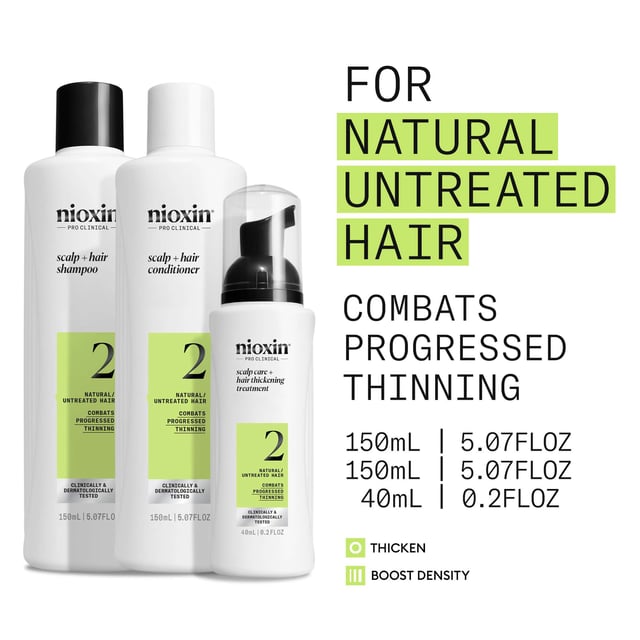 Nioxin Pro Clinical System 2 Trial Kit for Thinning Natural Hair - Complete Hair Care Set Transform your hair with the Nioxin Pro Clinical System 2 Trial Kit, formulated for natural hair experiencing thinning. This kit enhances hair density and thickness, providing visible results in 30 days. It includes:
- Nioxin Pro Clinical Scalp + Hair Shampoo (150ml)
- Nioxin Pro Clinical Scalp + Hair Conditioner (150ml)
- Nioxin Pro Clinical Scalp Care + Hair Thickening Treatment (50ml)
Benefits include a gentle cleansing formula that removes impurities for a healthier scalp and reduces hair breakage. For best results, use at least three times a week.