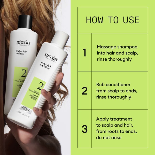 Nioxin Pro Clinical System 2 Trial Kit for Thinning Natural Hair - Complete Hair Care Set Transform your hair with the Nioxin Pro Clinical System 2 Trial Kit, formulated for natural hair experiencing thinning. This kit enhances hair density and thickness, providing visible results in 30 days. It includes:
- Nioxin Pro Clinical Scalp + Hair Shampoo (150ml)
- Nioxin Pro Clinical Scalp + Hair Conditioner (150ml)
- Nioxin Pro Clinical Scalp Care + Hair Thickening Treatment (50ml)
Benefits include a gentle cleansing formula that removes impurities for a healthier scalp and reduces hair breakage. For best results, use at least three times a week.