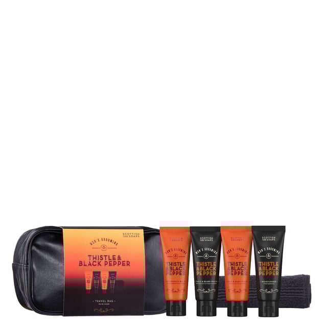 Experience the wild essence of Scotland with the Scottish Fine Soaps Thistle & Black Pepper Travel Bag Set. This stylish black washbag includes travel-sized essentials: Hair & Body Wash, Moisturiser, Aftershave Balm, and Face & Beard Wash, all infused with invigorating notes of black pepper, amber, and citrus. Enriched with Milk Thistle extract for a refreshing experience, this set is perfect for the modern man on the go. Each product cleanses, hydrates, and nourishes your skin, leaving behind a sophisticated scent. Ideal for travel or as a luxurious gift.
