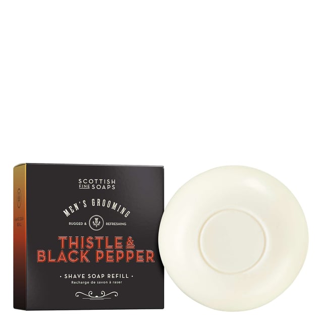 Experience a luxurious shaving experience with The Scottish Fine Soaps Company's Thistle & Black Pepper Shave Soap Refill. This 100g refill is designed to gently soften facial hair while protecting your skin, thanks to its rich formula infused with nourishing safflower oil. Just like the serene landscapes of Scotland, this soap is gentle and effective. For the best results, create a creamy lather using a quality shaving brush, ensuring a closer and smoother shave every time. Treat your skin to the ultimate shaving indulgence.