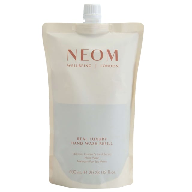 Experience the essence of wellbeing with Neom's Real Luxury Hand Wash Refill. Infused with the calming scents of Lavender, Jasmine, and Sandalwood, this hand wash not only cleanses but also revitalizes your senses. Crafted with 24 relaxing essential oils, hydrating marine extract, coconut water, and skin-soothing aloe vera, it offers a luxurious touch to your daily routine. Simply refill your original bottle, and enjoy the relaxing aroma that transforms handwashing into a moment of tranquility. Neom is proud to be a Certified B Corporation, committed to high social and environmental standards.