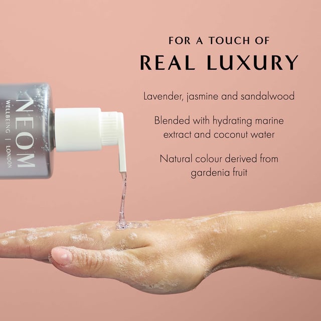 Experience the essence of wellbeing with Neom's Real Luxury Hand Wash Refill. Infused with the calming scents of Lavender, Jasmine, and Sandalwood, this hand wash not only cleanses but also revitalizes your senses. Crafted with 24 relaxing essential oils, hydrating marine extract, coconut water, and skin-soothing aloe vera, it offers a luxurious touch to your daily routine. Simply refill your original bottle, and enjoy the relaxing aroma that transforms handwashing into a moment of tranquility. Neom is proud to be a Certified B Corporation, committed to high social and environmental standards.
