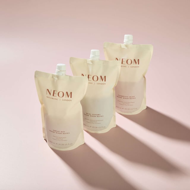 Experience the essence of wellbeing with Neom's Real Luxury Hand Wash Refill. Infused with the calming scents of Lavender, Jasmine, and Sandalwood, this hand wash not only cleanses but also revitalizes your senses. Crafted with 24 relaxing essential oils, hydrating marine extract, coconut water, and skin-soothing aloe vera, it offers a luxurious touch to your daily routine. Simply refill your original bottle, and enjoy the relaxing aroma that transforms handwashing into a moment of tranquility. Neom is proud to be a Certified B Corporation, committed to high social and environmental standards.