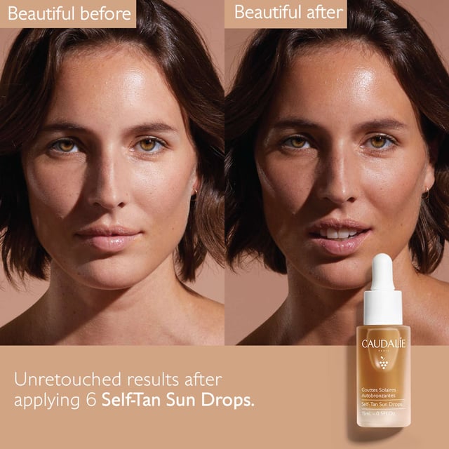 Achieve a sun-kissed glow with Caudalie Vinobronze Self-Tan Sun Drops. This innovative formula features natural DHA and erythrulose combined with hydrating organic grape water for a customizable, streak-free tan suitable for all skin types, including sensitive skin. Its non-greasy texture ensures smooth application. Enjoy hydration and a commitment to sustainability while achieving your desired tan. Mix 2-6 drops with your favorite Caudalie cream for a light to deeper tan. Alcohol and fragrance-free for everyday use, join Caudalie's mission to protect the environment.