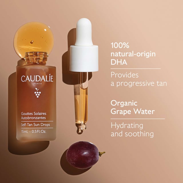 Achieve a sun-kissed glow with Caudalie Vinobronze Self-Tan Sun Drops. This innovative formula features natural DHA and erythrulose combined with hydrating organic grape water for a customizable, streak-free tan suitable for all skin types, including sensitive skin. Its non-greasy texture ensures smooth application. Enjoy hydration and a commitment to sustainability while achieving your desired tan. Mix 2-6 drops with your favorite Caudalie cream for a light to deeper tan. Alcohol and fragrance-free for everyday use, join Caudalie's mission to protect the environment.