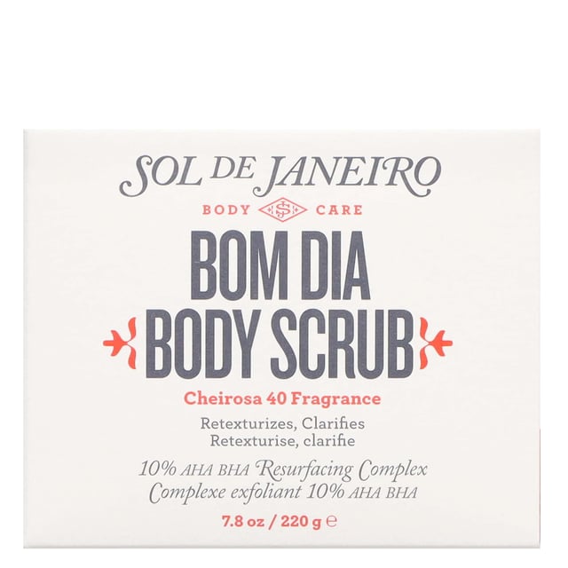 Transform your skin with the Sol de Janeiro Bom Dia Body Scrub, a luxurious 220g exfoliating treatment designed to reveal luminous, smooth skin. This invigorating body scrub features a powerful 10% AHA & BHA blend that gently retexturizes your skin, making it visibly clearer and incredibly soft from head to toe. Perfect for addressing rough areas such as keratosis pilaris and preventing imperfections, this scrub enhances your skin's clarity while reducing the risk of clogged pores and ingrown hairs. Infused with the enchanting Cheirosa 40 fragrance, your skin will not only feel refined but also smell divine. Suitable for vegans, simply apply twice a week in circular motions and rinse thoroughly for best results.
