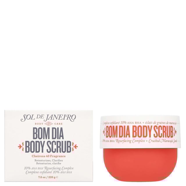Transform your skin with the Sol de Janeiro Bom Dia Body Scrub, a luxurious 220g exfoliating treatment designed to reveal luminous, smooth skin. This invigorating body scrub features a powerful 10% AHA & BHA blend that gently retexturizes your skin, making it visibly clearer and incredibly soft from head to toe. Perfect for addressing rough areas such as keratosis pilaris and preventing imperfections, this scrub enhances your skin's clarity while reducing the risk of clogged pores and ingrown hairs. Infused with the enchanting Cheirosa 40 fragrance, your skin will not only feel refined but also smell divine. Suitable for vegans, simply apply twice a week in circular motions and rinse thoroughly for best results.