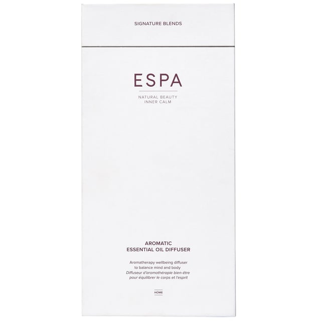 ESPA Aromatherapy Essential Oil Diffuser for Relaxation and Wellness Transform your living space with the ESPA Aromatherapy Essential Oil Diffuser. This stylish diffuser releases a mist of essential oils, enhancing your environment with soothing aromas that promote relaxation and well-being. It works seamlessly with ESPA's Signature Blends, helping you unwind or boost your mood. The ultrasonic technology humidifies the air and disperses fragrant vapor. With customizable light settings, it also serves as a gentle nightlight. To use, fill the water tank, add essential oil, select a misting mode, and enjoy the aromatic experience. (Essential oils sold separately.)
