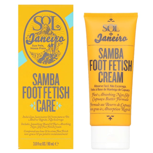 Unlock the Brazilian secret to irresistibly silky, samba-ready feet with Sol de Janeiro's Samba Foot Fetish Care 90ml. This innovative dry foot care system gives you incredibly soft and smooth feet in just two steps. First, use the Samba Foot Fetish Care Smoothing Board to remove roughness and calluses. Follow up with the non-slip Samba Foot Fetish Cream for intense hydration and conditioning, leaving your feet feeling blissfully supple. Apply and massage for the ultimate foot pampering experience.