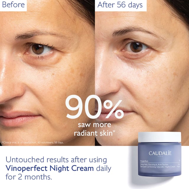 Transform your skin overnight with the Caudalie Vinoperfect Dark Spot Correcting Glycolic Night Cream. This advanced moisturizer features a brightening complex with Viniferine, proven to be 62 times more effective than Vitamin C in reducing pigmentation. Glycolic Acid enhances its resurfacing abilities, ensuring your skin awakens more radiant. With 97% natural ingredients, this non-comedogenic formula suits all skin types. Clinical studies show that 90% of users noticed a reduction in dark spots after 56 days. Reuse the refillable jar for sustainability.