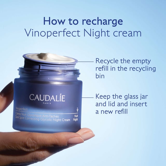 Transform your skin overnight with Caudalie's Vinoperfect Dark Spot Correcting Glycolic Night Cream Refill. This lightweight formula combats dark spots and uneven skin tone. Infused with Viniferine, which is 62 times more effective than Vitamin C in reducing pigmentation, and Glycolic Acid for gentle resurfacing, this moisturizer leaves skin bright and radiant. The eco-friendly refill system allows for easy replacement without waste. Suitable for all skin types, this non-comedogenic cream has shown significant results, with 90% of users noting a reduction in dark spots after 56 days.