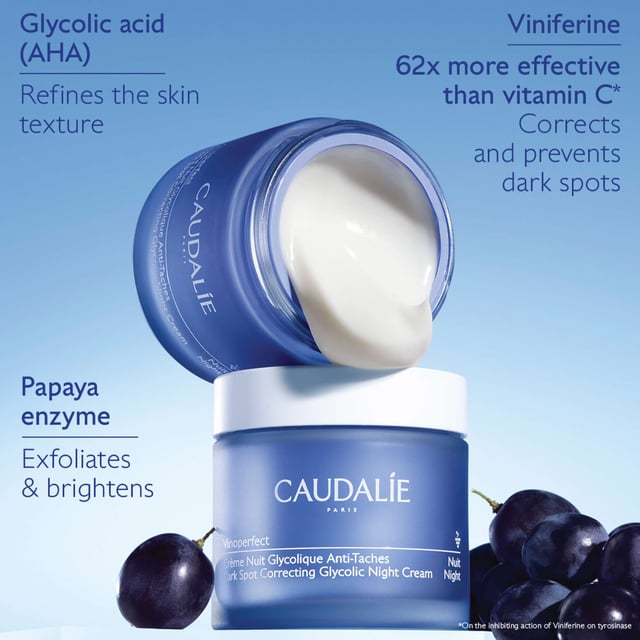 Transform your skin overnight with Caudalie's Vinoperfect Dark Spot Correcting Glycolic Night Cream Refill. This lightweight formula combats dark spots and uneven skin tone. Infused with Viniferine, which is 62 times more effective than Vitamin C in reducing pigmentation, and Glycolic Acid for gentle resurfacing, this moisturizer leaves skin bright and radiant. The eco-friendly refill system allows for easy replacement without waste. Suitable for all skin types, this non-comedogenic cream has shown significant results, with 90% of users noting a reduction in dark spots after 56 days.