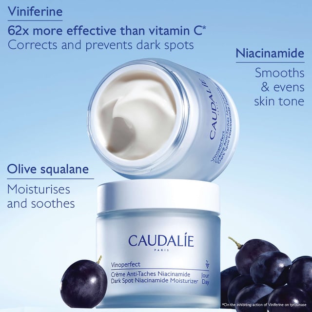 Experience radiant and hydrated skin with Caudalie Vinoperfect Niacinamide Moisturiser. This daily moisturizer brightens your complexion and reduces dark spots. Enriched with ViniferineTM, clinically proven to diminish pigmentation, and Niacinamide for enhanced brightening, it leaves your skin soft and luminous. With a 97% natural origin formulation, it offers immediate radiance, an even skin tone, and a hydrating cream texture. Apply generously after serum and massage for 2-3 minutes. Remember, this product is refillable. Join Caudalie in their commitment to sustainability.