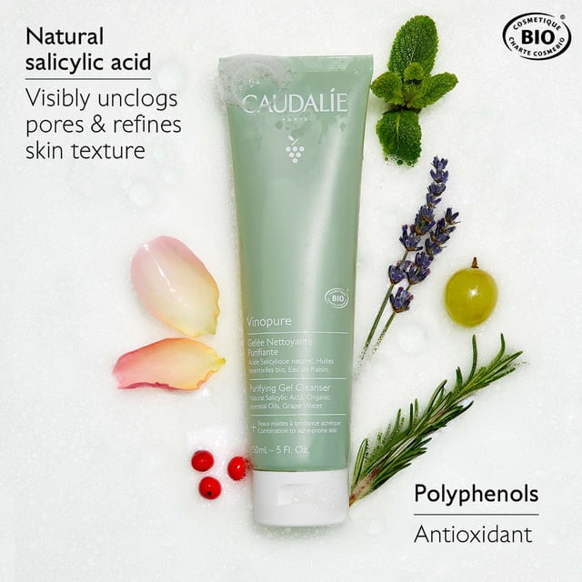 Transform your skincare routine with Caudalie's Vinopure Purifying Gel Cleanser. This gentle yet effective formula is designed for breakout-prone skin, providing a thorough cleanse without dryness. Infused with natural salicylic acid and prebiotic organic grape water, it helps regulate sebum production and tighten pores. Ideal for daily use, this vegan and certified organic cleanser is free from soap and synthetic fragrances. Caudalie also contributes 1% of its turnover to environmental causes. Achieve a clearer complexion with a non-comedogenic formula that refreshes and purifies your skin.
