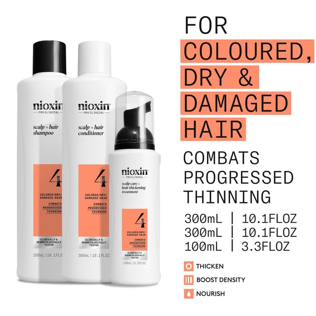 Transform your hair with the Nioxin Pro Clinical System 4 Kit, expertly crafted for dry, damaged, and colour-treated hair showing signs of thinning. This dermatologist-tested kit includes a 300ml Scalp + Hair Shampoo, a 300ml Scalp + Hair Conditioner, and a 100ml Scalp Care + Hair Thickening Treatment. Experience visible results in 30 days, with 8 out of 10 users reporting thicker hair! The advanced formula cleanses the scalp, reducing impurities and excess oil. Infused with nourishing ingredients, this complete system revitalizes your scalp and improves hair health.