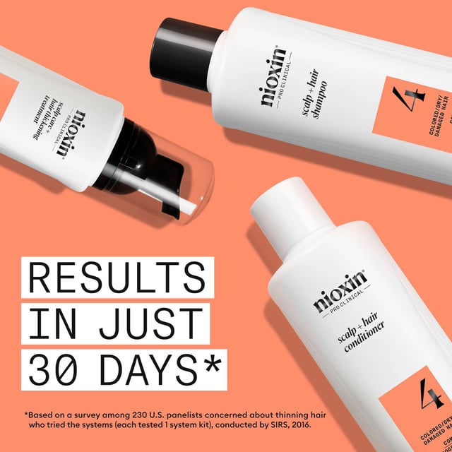 Transform your hair with the Nioxin Pro Clinical System 4 Kit, expertly crafted for dry, damaged, and colour-treated hair showing signs of thinning. This dermatologist-tested kit includes a 300ml Scalp + Hair Shampoo, a 300ml Scalp + Hair Conditioner, and a 100ml Scalp Care + Hair Thickening Treatment. Experience visible results in 30 days, with 8 out of 10 users reporting thicker hair! The advanced formula cleanses the scalp, reducing impurities and excess oil. Infused with nourishing ingredients, this complete system revitalizes your scalp and improves hair health.