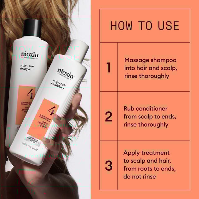 Transform your hair with the Nioxin Pro Clinical System 4 Kit, expertly crafted for dry, damaged, and colour-treated hair showing signs of thinning. This dermatologist-tested kit includes a 300ml Scalp + Hair Shampoo, a 300ml Scalp + Hair Conditioner, and a 100ml Scalp Care + Hair Thickening Treatment. Experience visible results in 30 days, with 8 out of 10 users reporting thicker hair! The advanced formula cleanses the scalp, reducing impurities and excess oil. Infused with nourishing ingredients, this complete system revitalizes your scalp and improves hair health.