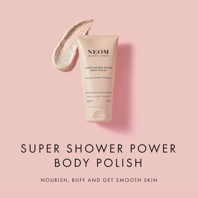 Revitalize your skin with Neom Wellbeing London Energy Boosting Super Shower Power Body Polish. This exfoliator is crafted with invigorating ingredients inspired by morning freshness. Enjoy the scent of mint tea, uplifting eucalyptus, cleansing rosemary, and energizing coffee, combined with oat milk for nourishment. Massage onto damp skin in circular motions, rinse thoroughly, and follow with NEOM Body Butter or Body Oil for soft skin. For an energy boost, pair with our Body Cleanser and Shampoo and Conditioner.