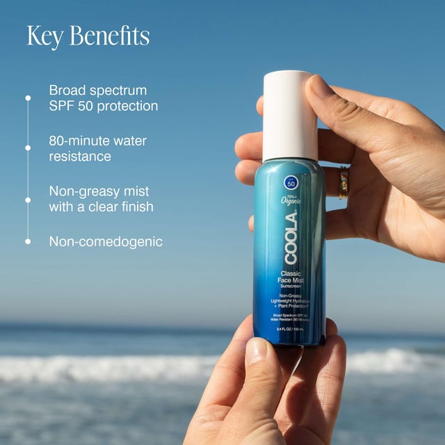 Experience the refreshing essence of a spa getaway with Coola Classic Face Mist SPF 50. This lightweight sunscreen mist provides powerful protection while keeping your skin hydrated and radiant. Infused with a unique Plant Protection® complex, it features antioxidant-rich ingredients to combat free radicals. Perfect for on-the-go application, this non-greasy formula can be spritzed over makeup or used anytime you need a refreshing boost. Simply shake well, hold the bottle 10-12 inches from your face, and mist evenly.