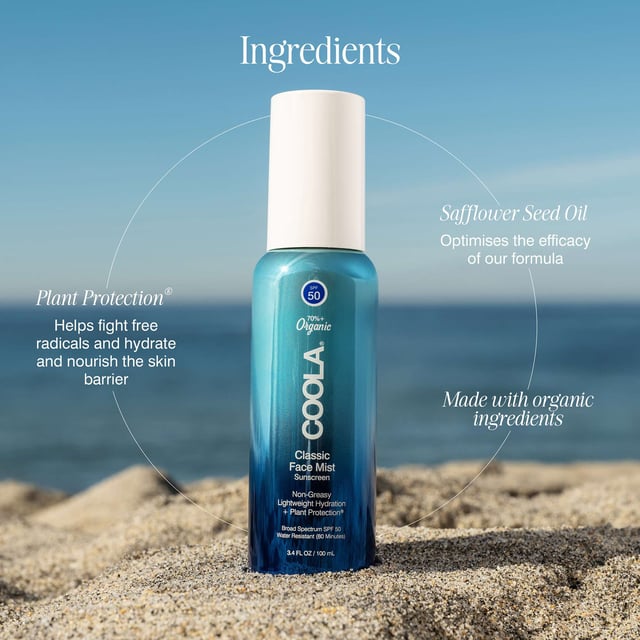Experience the refreshing essence of a spa getaway with Coola Classic Face Mist SPF 50. This lightweight sunscreen mist provides powerful protection while keeping your skin hydrated and radiant. Infused with a unique Plant Protection® complex, it features antioxidant-rich ingredients to combat free radicals. Perfect for on-the-go application, this non-greasy formula can be spritzed over makeup or used anytime you need a refreshing boost. Simply shake well, hold the bottle 10-12 inches from your face, and mist evenly.