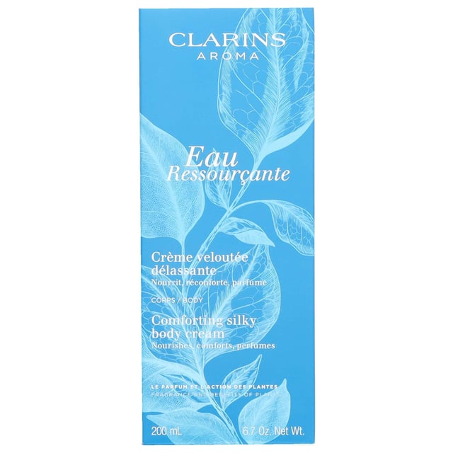 Indulge your skin with the Clarins Eau Ressourcante Comforting Silky Body Cream. This luxurious body cream offers rich nourishment while enveloping you in a soothing woody aroma. Infused with extracts of sarsaparilla, robinia, and longan, it enhances your skin's softness and provides a comforting finish. Perfect for daily use, simply apply to clean skin with gentle, sweeping motions to experience the ultimate pampering. Treat yourself to this delightful skincare essential and enjoy silky smooth skin all day long.