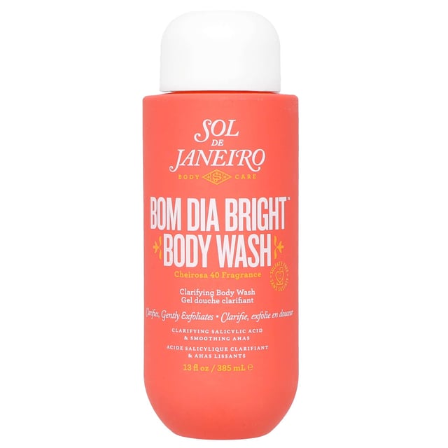 Experience the ultimate shower indulgence with Sol de Janeiro's Bom Dia Body Wash. This daily wash, enriched with AHA and BHA, rejuvenates your skin, leaving it radiant and soft. With gentle fruit-derived Alpha Hydroxy Acids and Salicylic Acid, it purifies pores, helps prevent congestion, and combats ingrown hairs. The luxurious, sulphate-free formula lathers richly without stripping moisture. Enjoy the light scent of Cheirosa 40, a warm floral fragrance that lingers. For best results, apply generously, massage into skin, and rinse thoroughly.