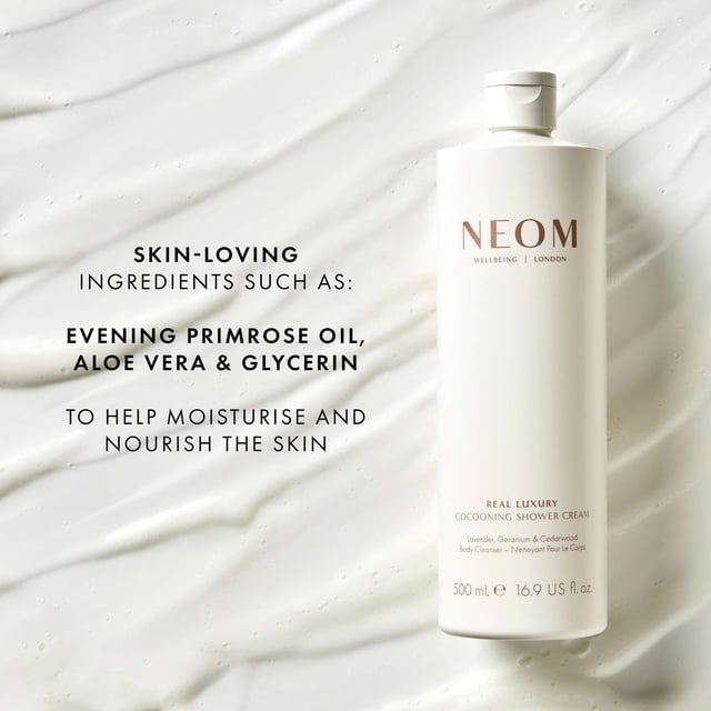 Experience the soothing power of Neom Wellbeing London's Luxury De-Stress Shower Cream. This creamy cleanser, made with 100% natural essential oils like lavender and geranium, is designed to relax your body and mind. Enriched with evening primrose oil and herbal extracts, it provides deep hydration for your skin, lasting up to 48 hours. Enjoy a calming shower experience that elevates your mood and alleviates stress. Simply lather, inhale the fragrance, and let tranquility wash over you.