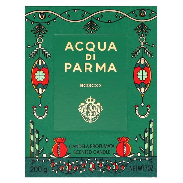 Acqua Di Parma Holiday Bosco Candle 200g - Enchanting Home Fragrance Experience the essence of winter with the Acqua Di Parma Holiday Bosco Candle. This exquisite 200g candle captures the refreshing aroma of alpine forests, blending invigorating notes of pine and fir with soothing eucalyptus and a hint of warm cloves. Perfect for creating a cozy atmosphere, this candle offers up to 50 hours of burn time. Ideal for holiday gifting, its beautifully themed packaging adds a festive touch to any home decor.
