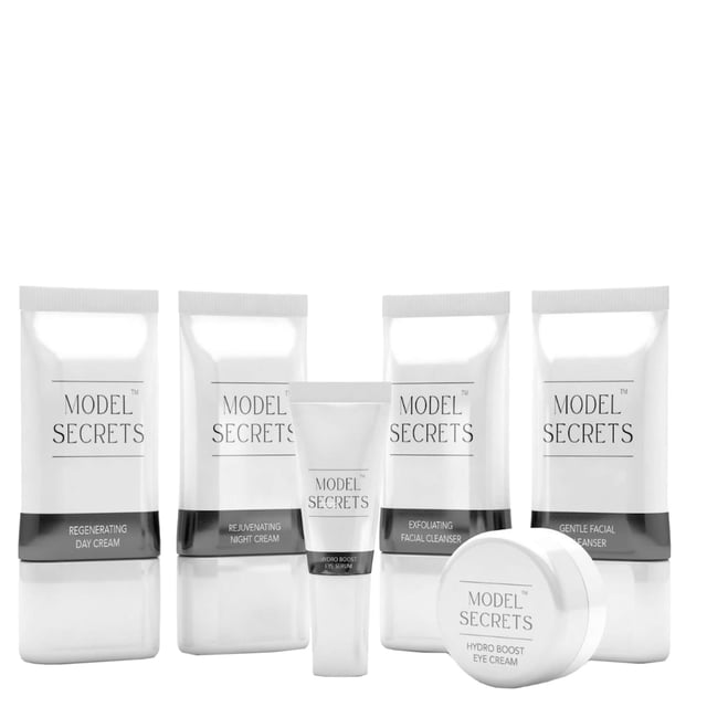 Revitalize your skin with the Model Secrets Complete Skincare Collection. This premium set nourishes tired skin and addresses five signs of aging: wrinkles, fine lines, uneven tone, sun damage, and loss of firmness. Featuring six products with Neroli Oil, Geranium Oil, Shea Butter, and Vitamins C & E, it enhances elasticity and radiance. Fast-absorbing and suitable for all skin types, this vegan and cruelty-free collection promotes healthy skin renewal. The set includes a facial cleanser, exfoliator, day cream, night cream, eye serum, and eye cream. Pamper your skin for a radiant complexion!