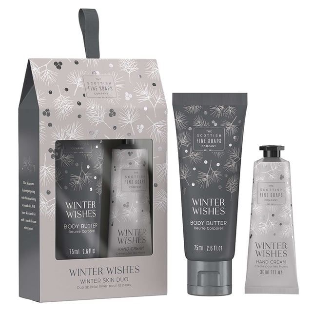 Treat your skin to a luxurious pampering experience during the cold winter months with the Scottish Fine Soaps Company Winter Wishes Skin Care Duo. This delightful set includes a nourishing 30ml Hand Cream and a rich 75ml Body Butter, both formulated to hydrate and protect your skin from harsh winter elements. Indulge in the soothing scents and creamy textures that will leave your skin feeling soft, smooth, and rejuvenated. Perfect as a gift for yourself or a loved one this holiday season!