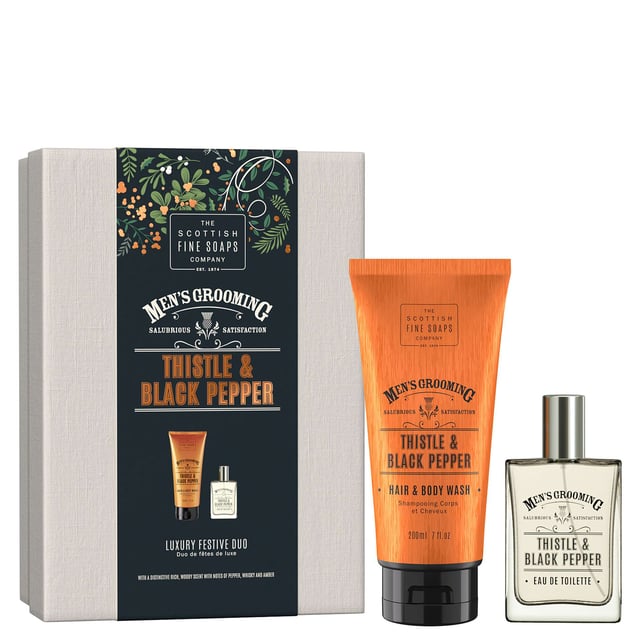 Elevate your grooming routine with the Scottish Fine Soaps Company Men's Grooming Luxury Duo featuring the invigorating Thistle & Black Pepper scent. This luxurious set includes a 200ml Hair & Body Wash and a 50ml Eau de Toilette Spray, expertly crafted to cleanse and refresh your hair and body while leaving a captivating fragrance. The unique blend of black pepper, amber, and sandalwood will prepare you for any occasion, ensuring you feel confident and revitalized throughout the day or night.